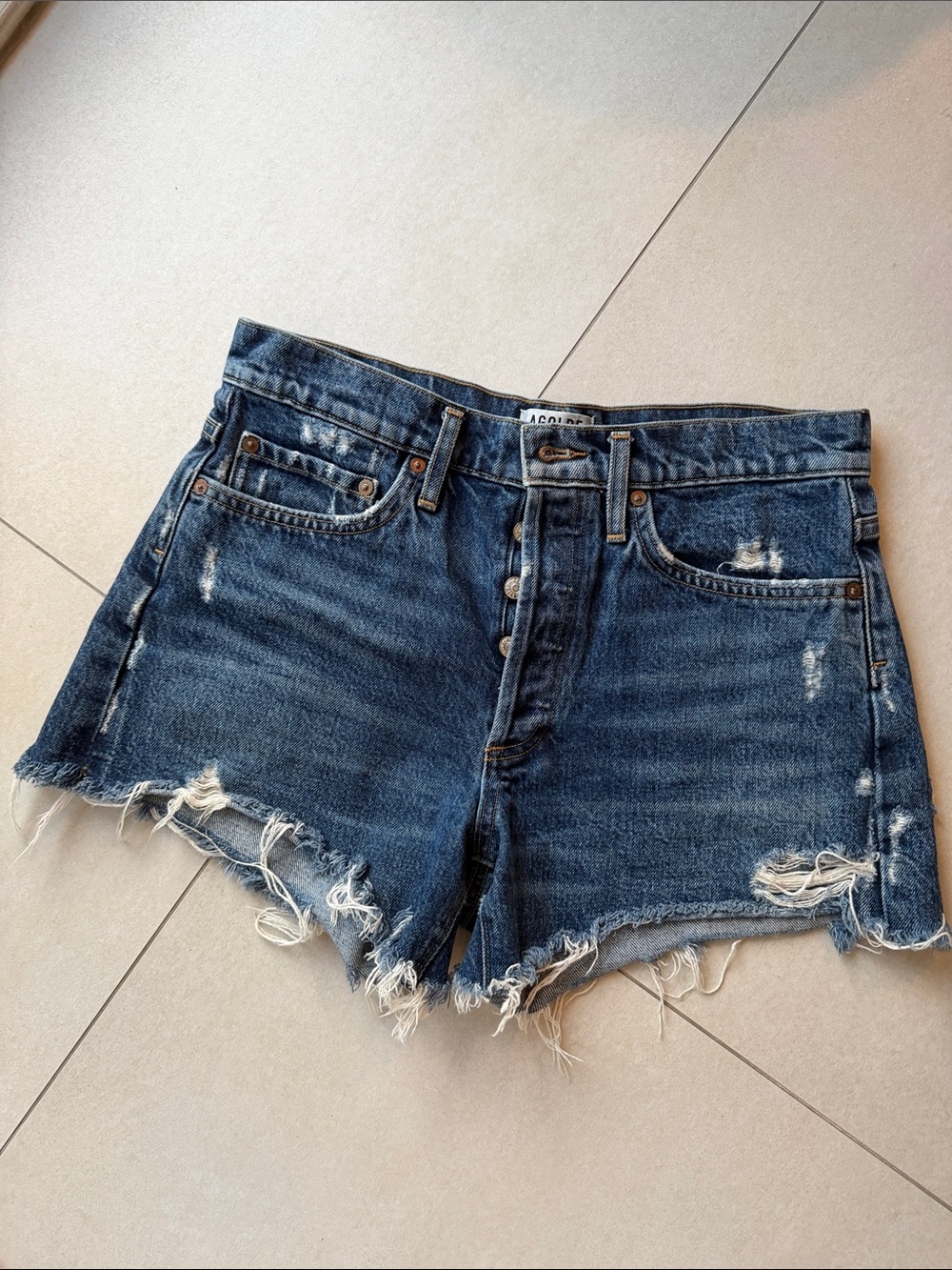 Agolde Raw Hem Dark Blue Distressed Denim Shorts